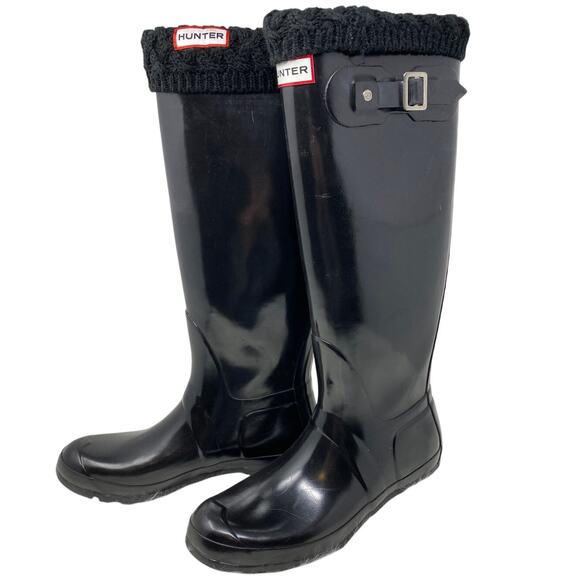 Hunter Original Black Rain Snow Water High Gloss Boots w/ Socks 8M - Picture 3 of 7